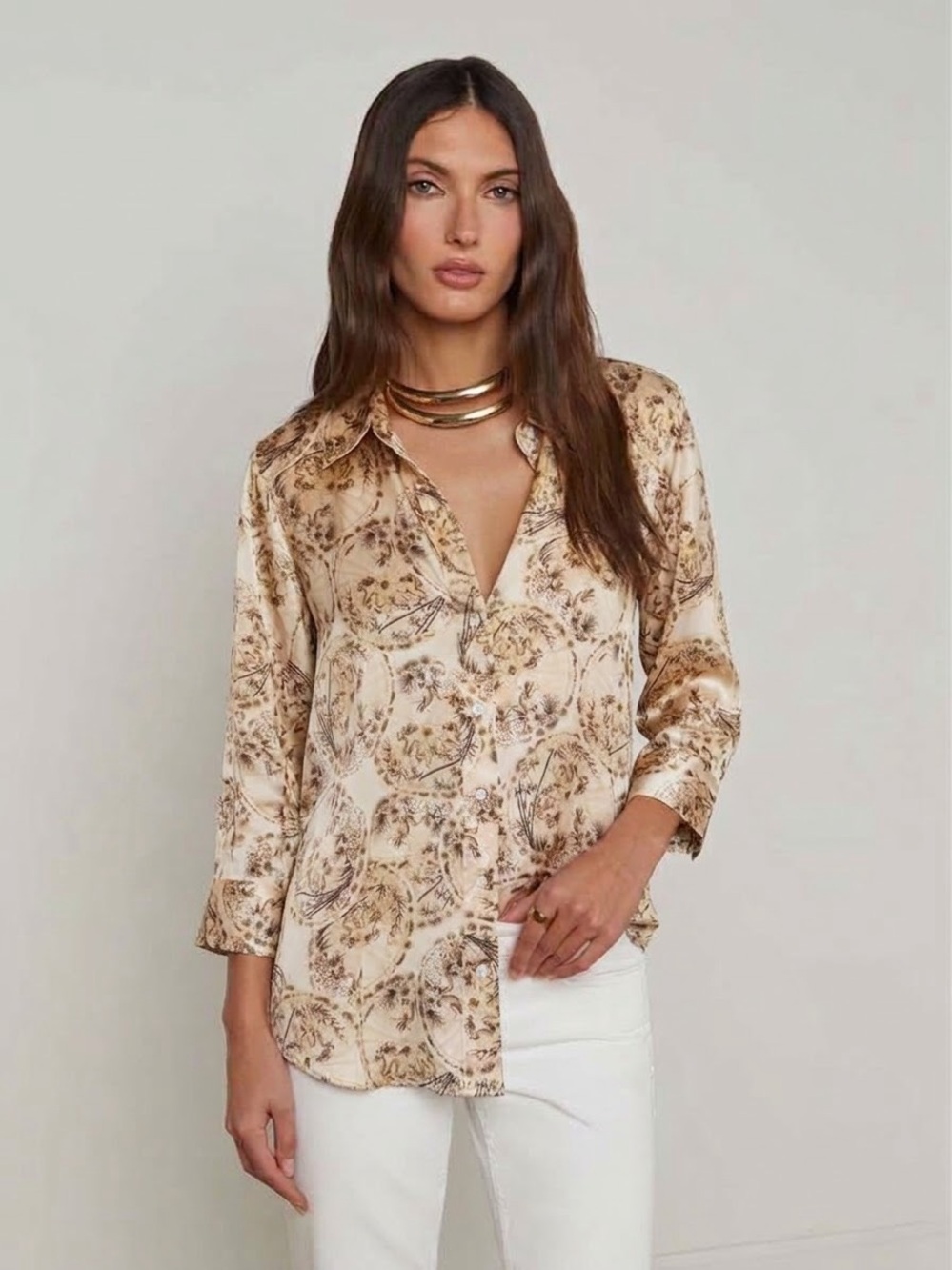 NWT $380 L'AGENCE Dani Print Silk Blouse in Vintage White